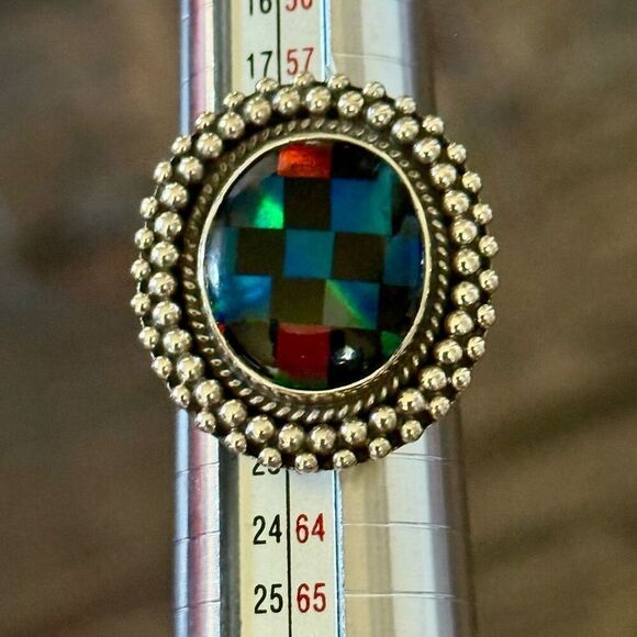 Southwest Aurora Opal & Onyx Checkerboard Sterling Silver Boho Adjustable Ring - Picture 6 of 10